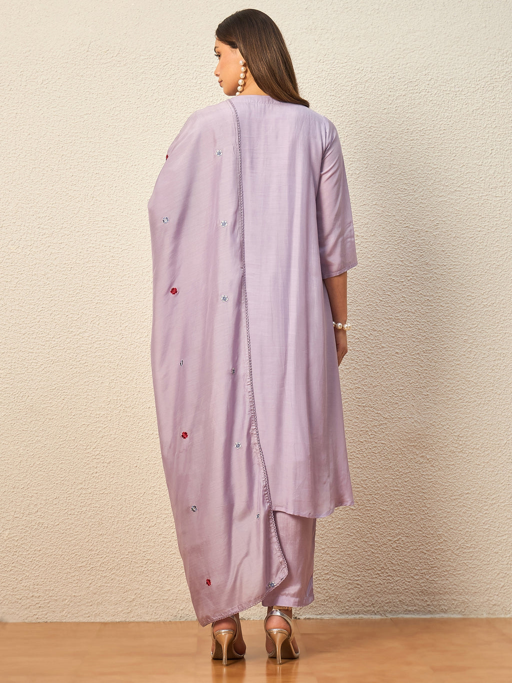 Women Floral Embroidered Empire Mirror Work Raw Silk Kurta with Trousers & With Dupatta