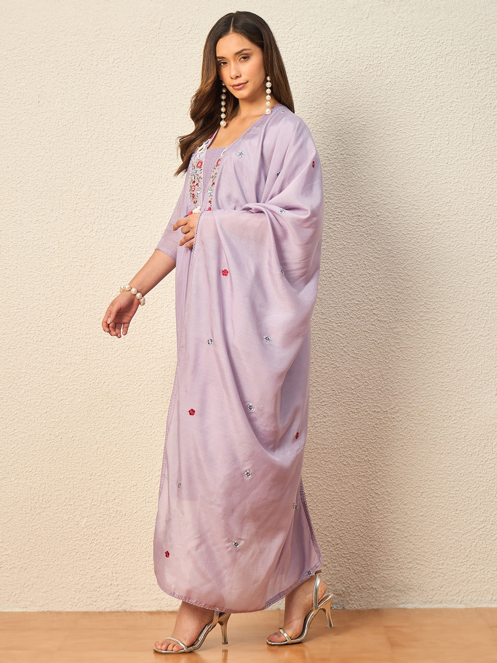 Women Floral Embroidered Empire Mirror Work Raw Silk Kurta with Trousers & With Dupatta