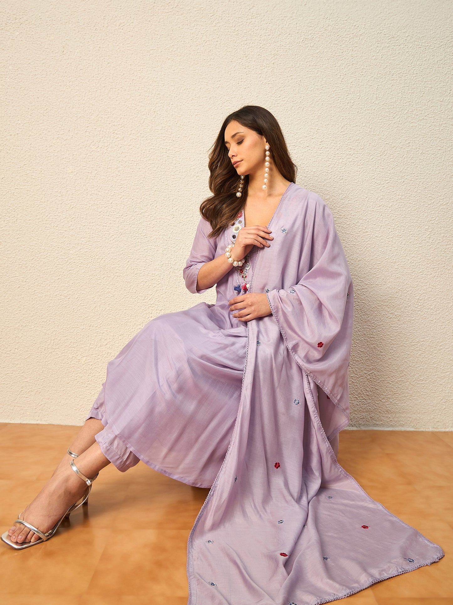 Women Floral Embroidered Empire Mirror Work Raw Silk Kurta with Trousers & With Dupatta