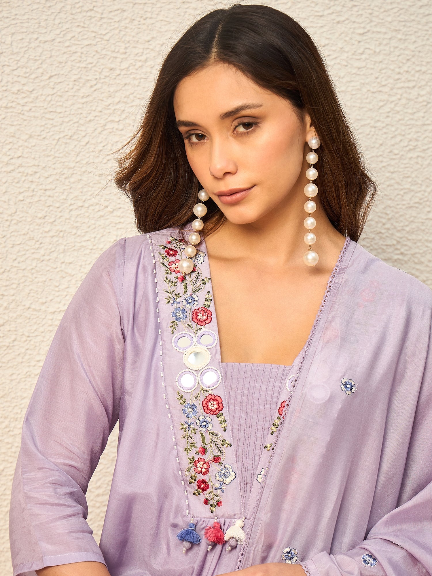 Women Floral Embroidered Empire Mirror Work Raw Silk Kurta with Trousers & With Dupatta