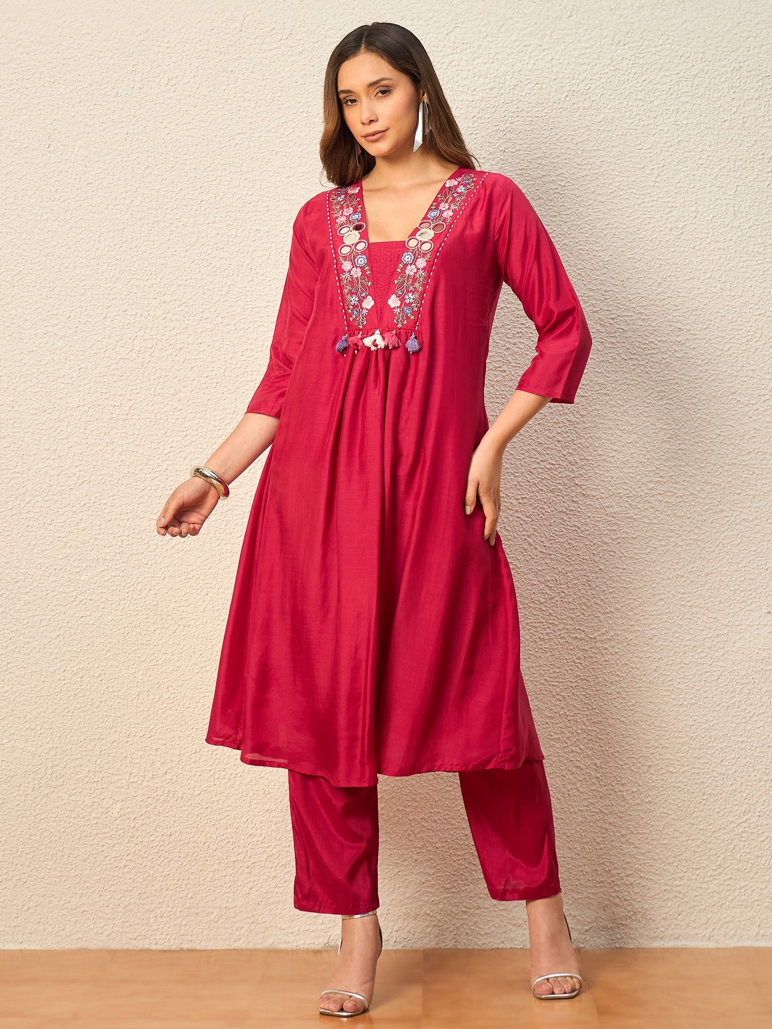 Women Ethnic Motifs Embroidered Pleated Thread Work Raw Silk Kurta with Trousers & With Dupatta