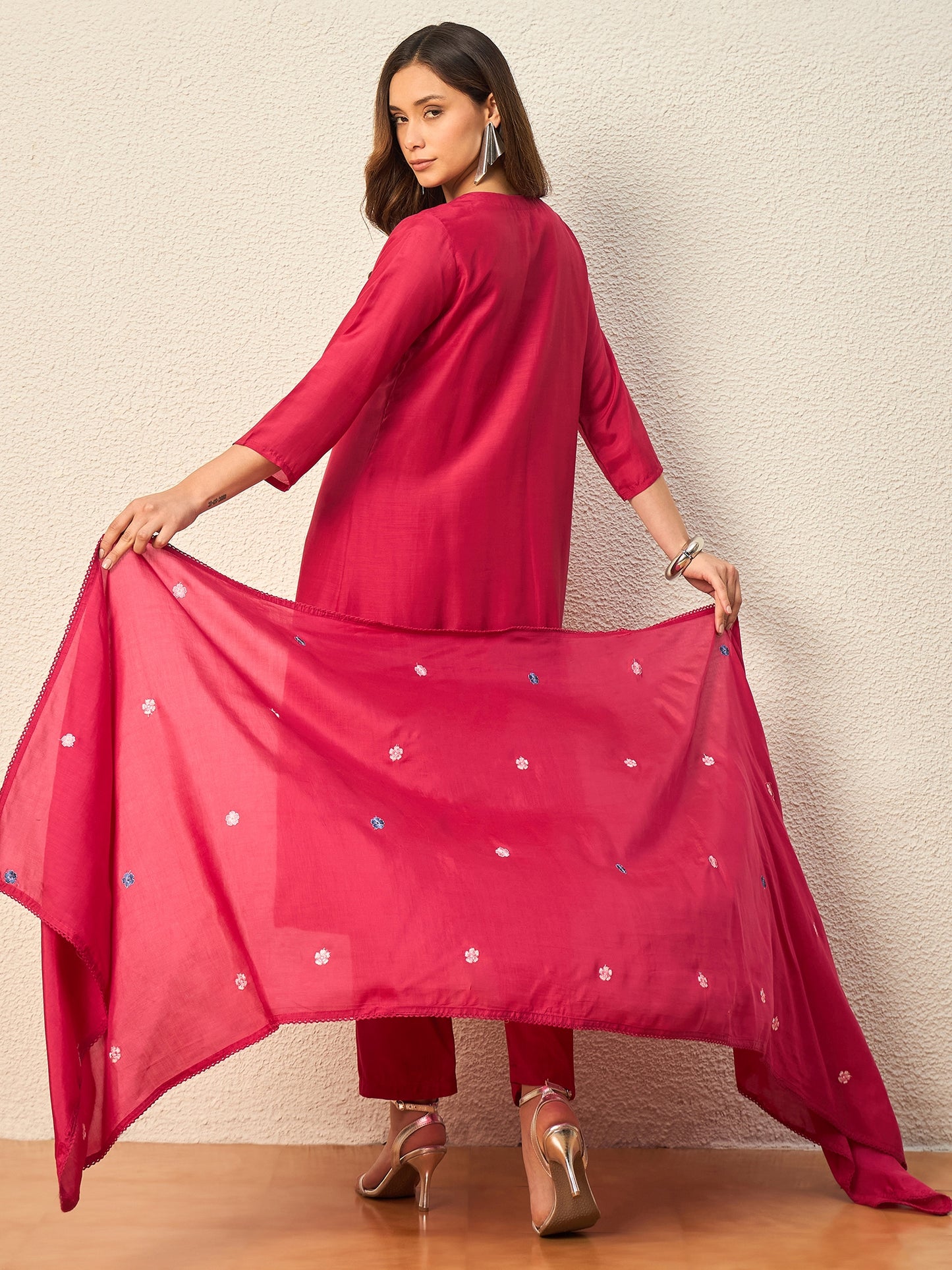 Women Ethnic Motifs Embroidered Pleated Thread Work Raw Silk Kurta with Trousers & With Dupatta