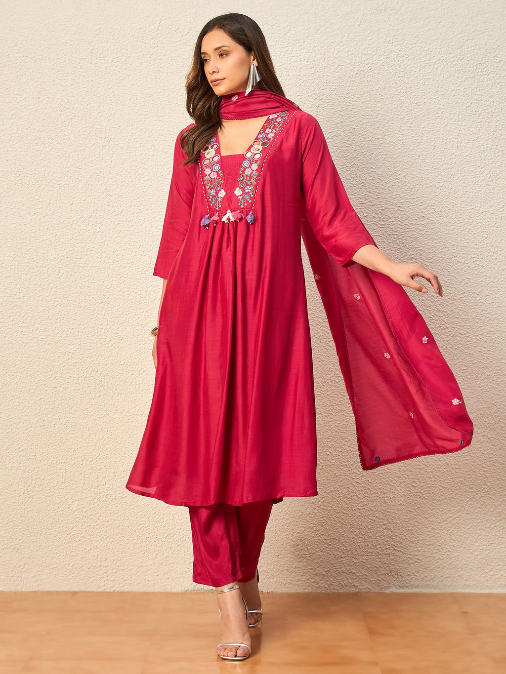 Women Ethnic Motifs Embroidered Pleated Thread Work Raw Silk Kurta with Trousers & With Dupatta