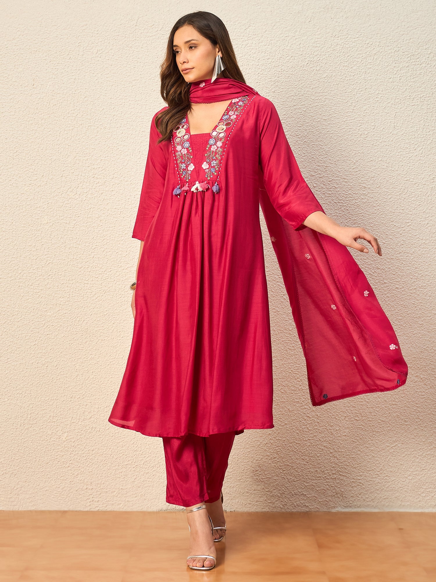 Women Ethnic Motifs Embroidered Pleated Thread Work Raw Silk Kurta with Trousers & With Dupatta
