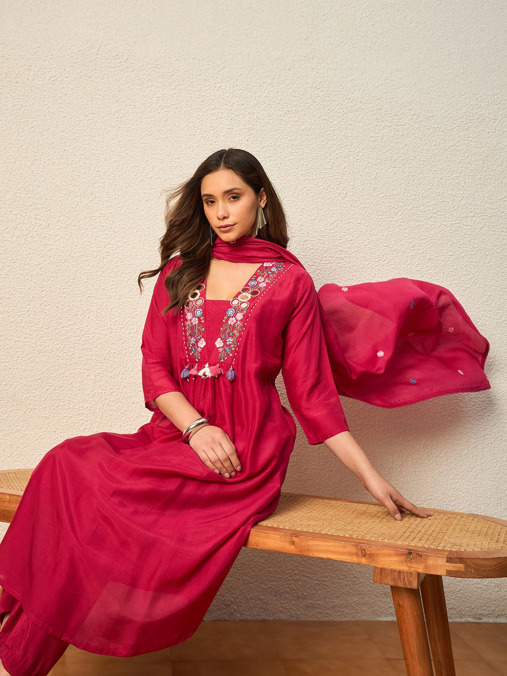 Women Ethnic Motifs Embroidered Pleated Thread Work Raw Silk Kurta with Trousers & With Dupatta