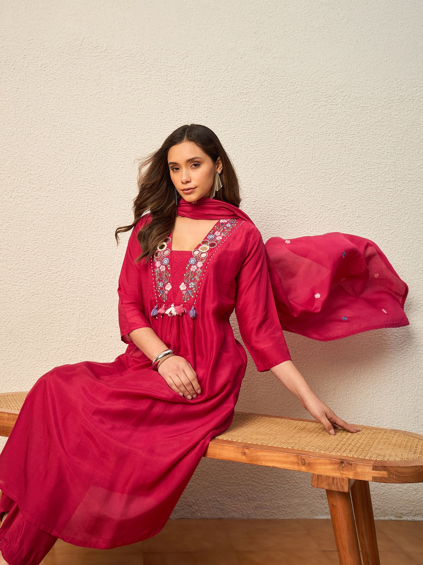 Women Ethnic Motifs Embroidered Pleated Thread Work Raw Silk Kurta with Trousers & With Dupatta