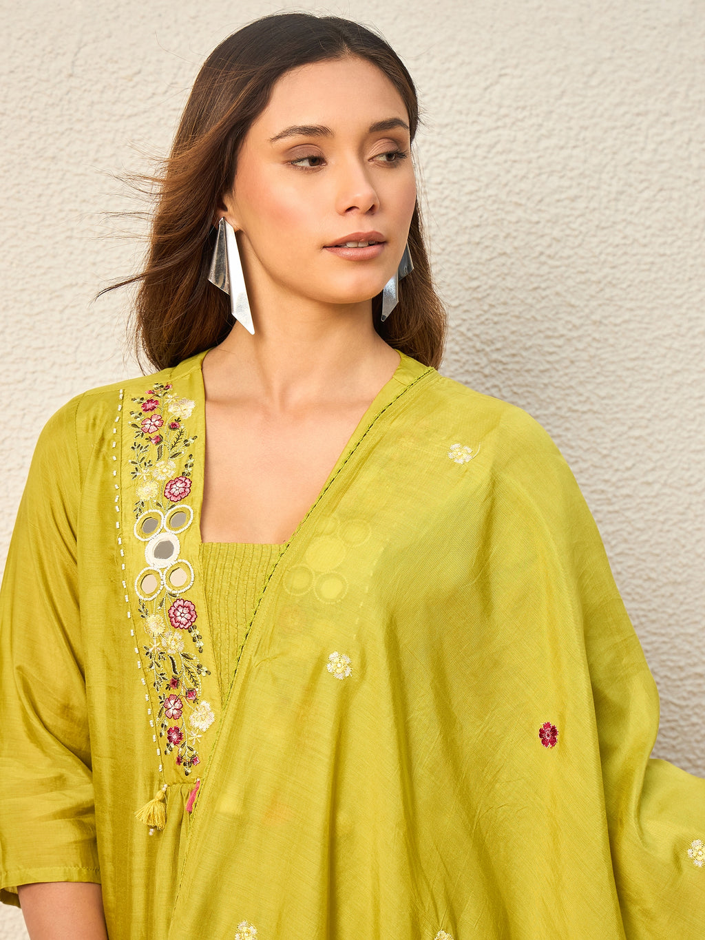 Women Floral Embroidered Empire Mirror Work Raw Silk Kurta with Trousers & With Dupatta