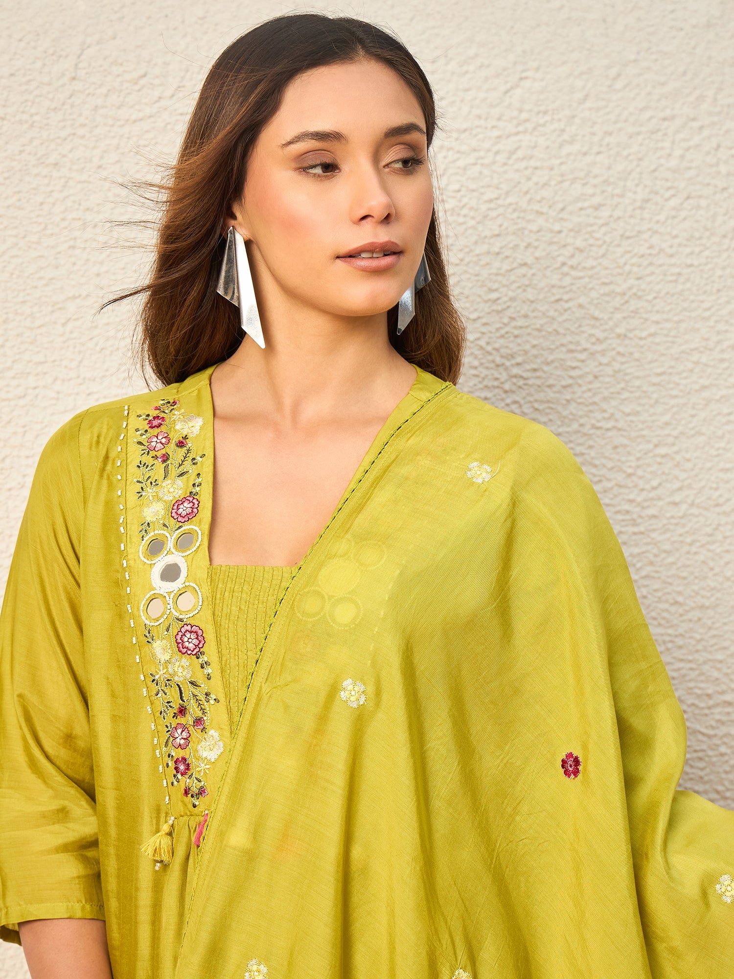 Women Floral Embroidered Empire Mirror Work Raw Silk Kurta with Trousers & With Dupatta