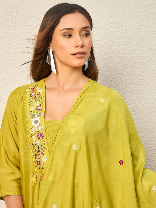 Women Floral Embroidered Empire Mirror Work Raw Silk Kurta with Trousers & With Dupatta