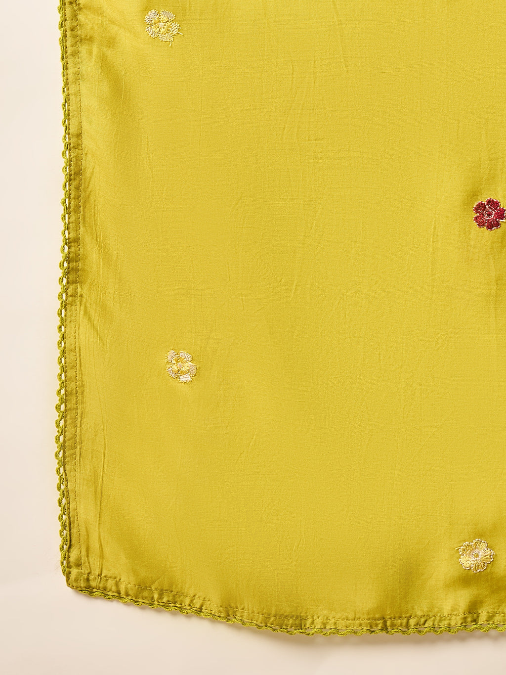 Women Floral Embroidered Empire Mirror Work Raw Silk Kurta with Trousers & With Dupatta