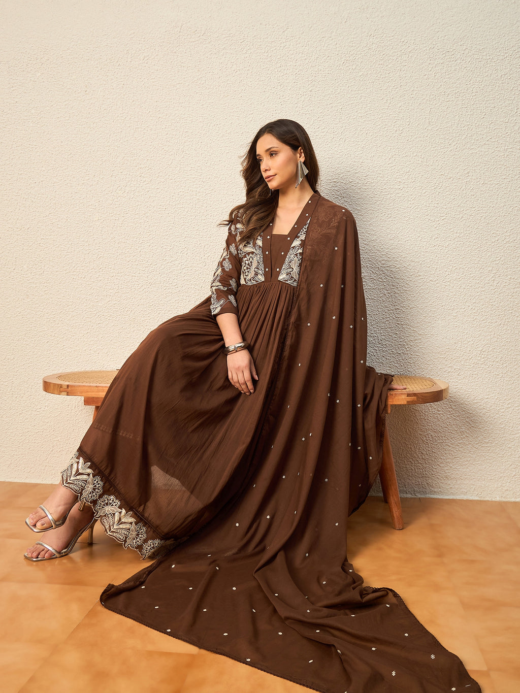 Women Ethnic Motifs Embroidered Panelled Thread Work Kurta with Trousers & With Dupatta