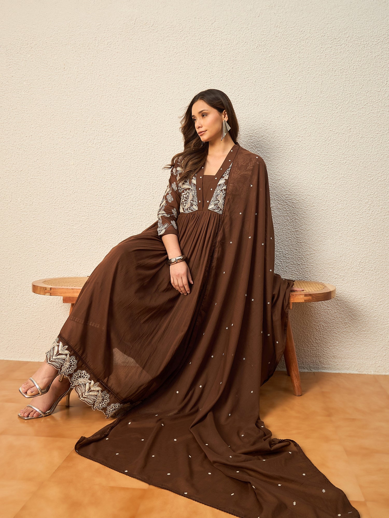 Women Ethnic Motifs Embroidered Panelled Thread Work Kurta with Trousers & With Dupatta