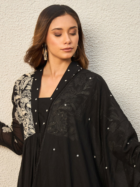 Women Floral Embroidered Panelled Thread Work Kurta with Trousers & With Dupatta