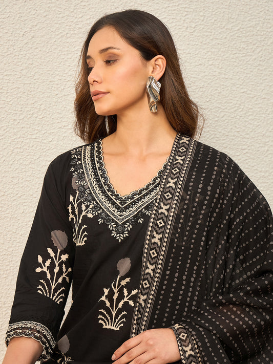 Women Ethnic Motifs Printed Regular Thread Work Pure Cotton Kurta with Patiala & With Dupatta