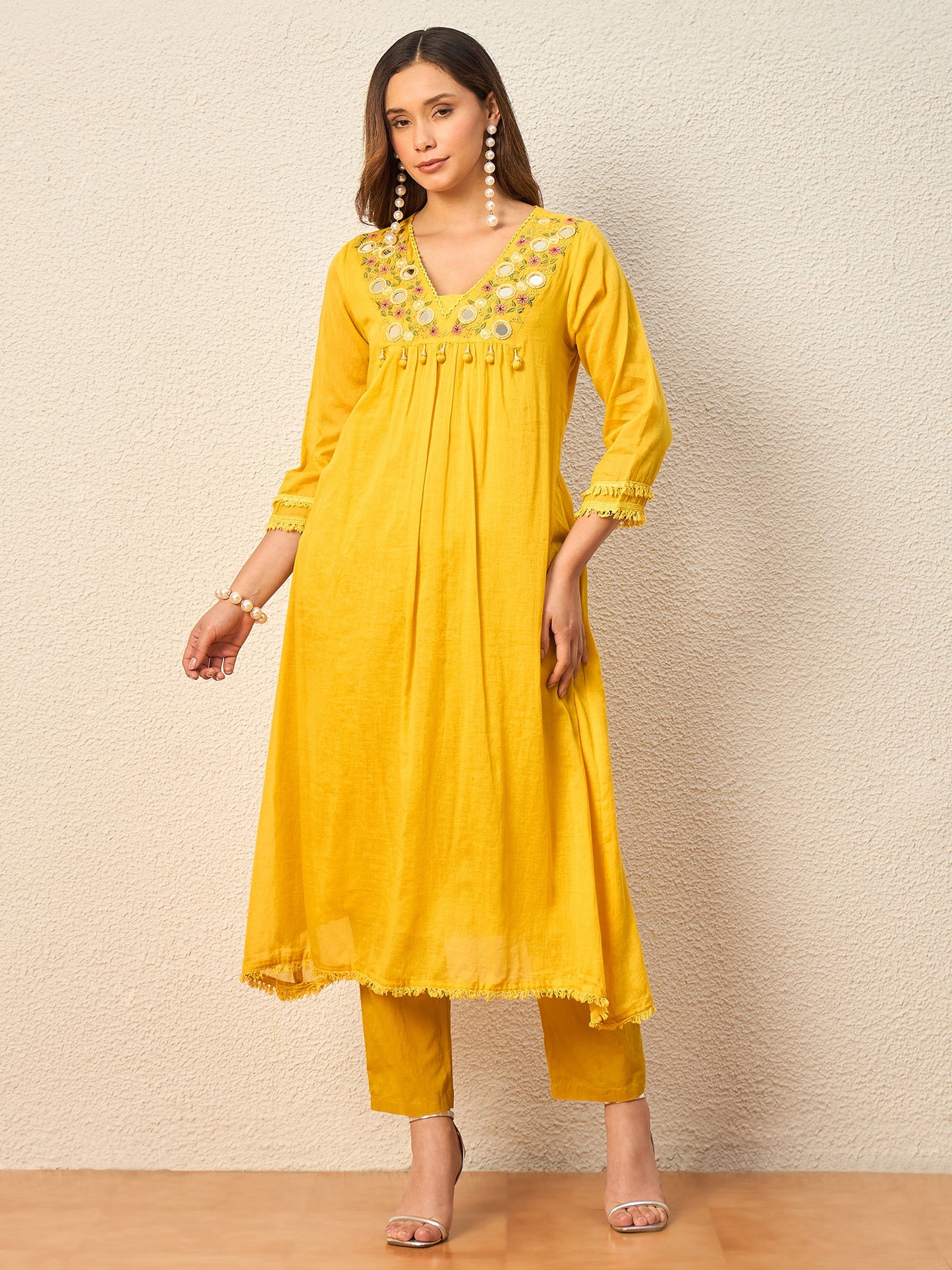 Women Ethnic Motifs Embroidered Pleated Mirror Work Kurta with Trousers & With Dupatta