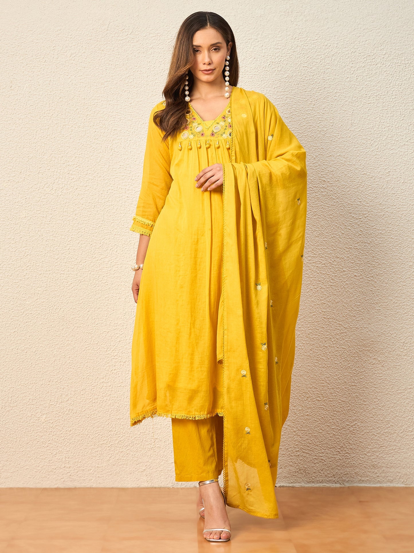 Women Ethnic Motifs Embroidered Pleated Mirror Work Kurta with Trousers & With Dupatta