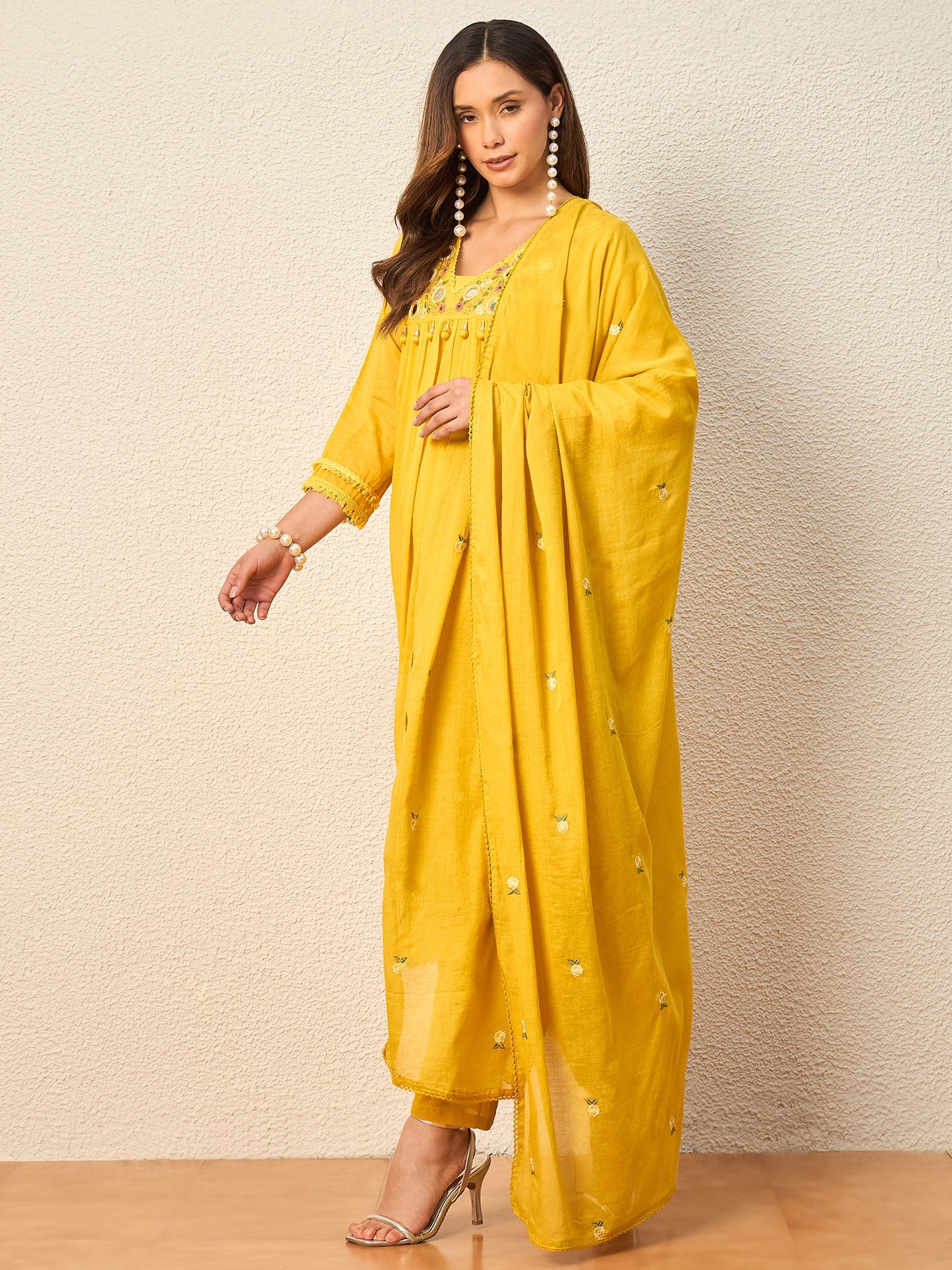 Women Ethnic Motifs Embroidered Pleated Mirror Work Kurta with Trousers & With Dupatta