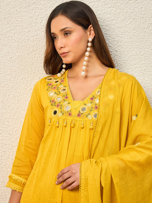 Women Ethnic Motifs Embroidered Pleated Mirror Work Kurta with Trousers & With Dupatta