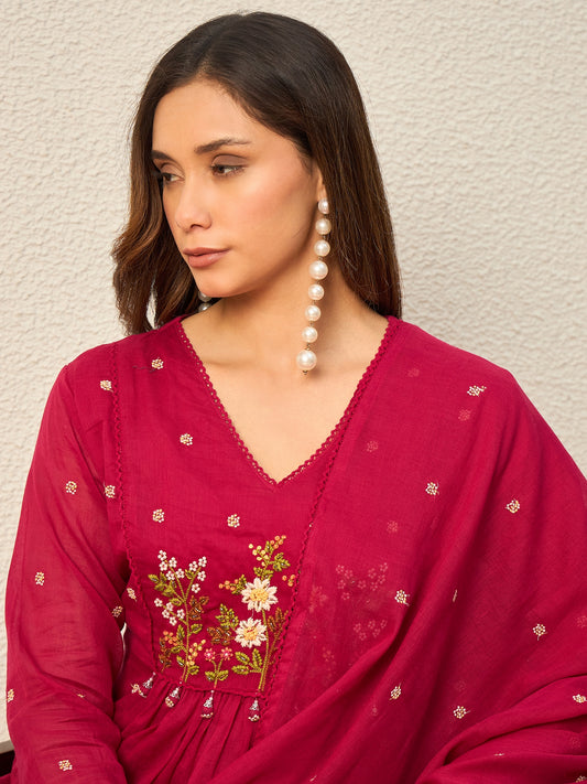 Women Floral Embroidered Empire Thread Work Kurta with Trousers & With Dupatta