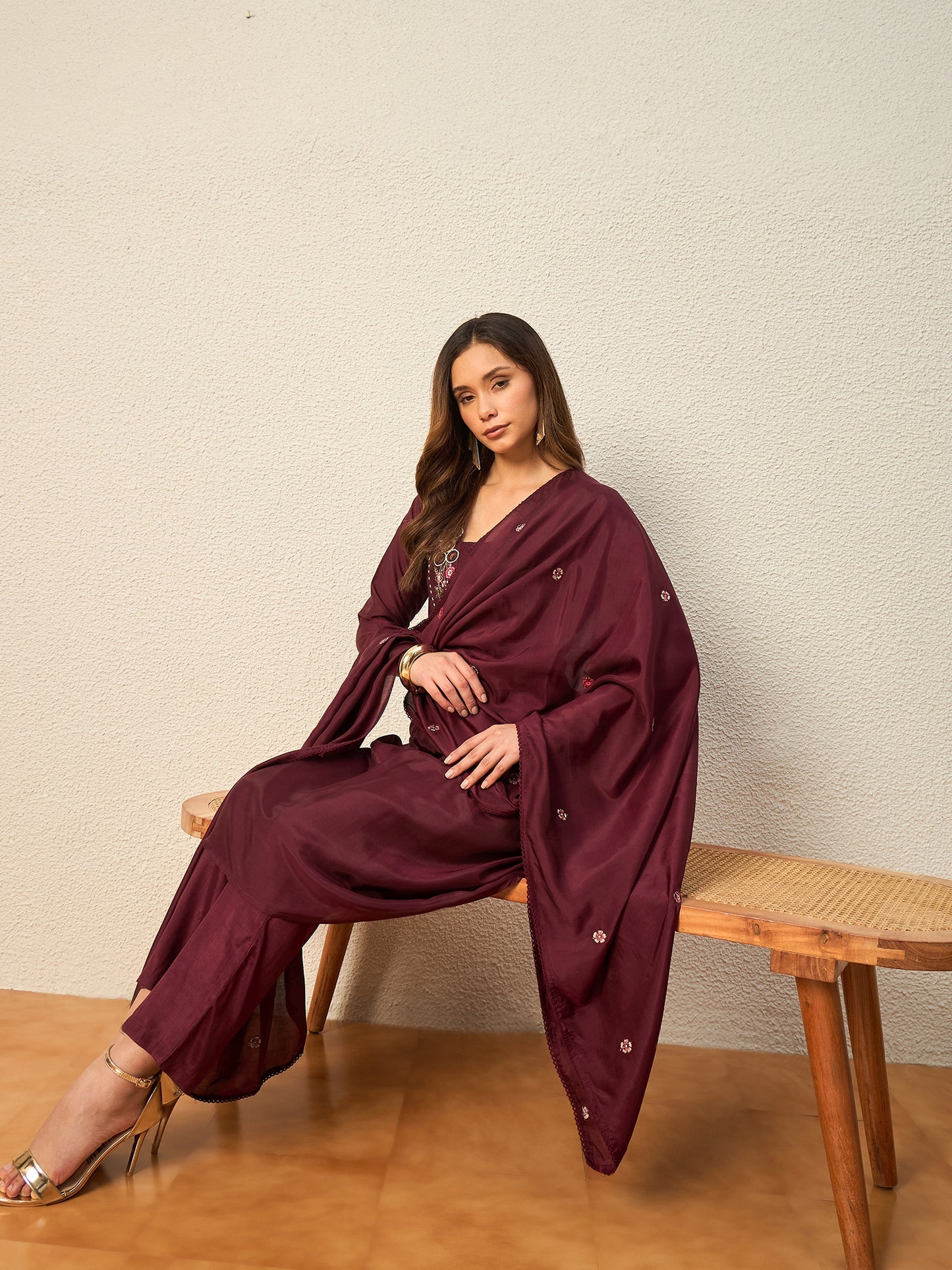 Women Floral Embroidered Regular Mirror Work Raw Silk Kurta with Trousers & With Dupatta