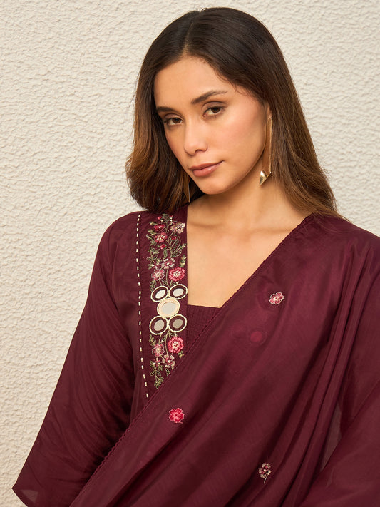 Women Floral Embroidered Regular Mirror Work Raw Silk Kurta with Trousers & With Dupatta