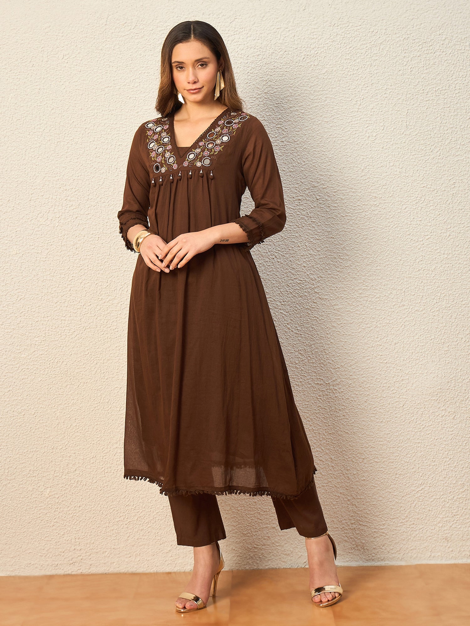 Women Ethnic Motifs Embroidered Empire Mirror Work Kurta with Trousers & With Dupatta