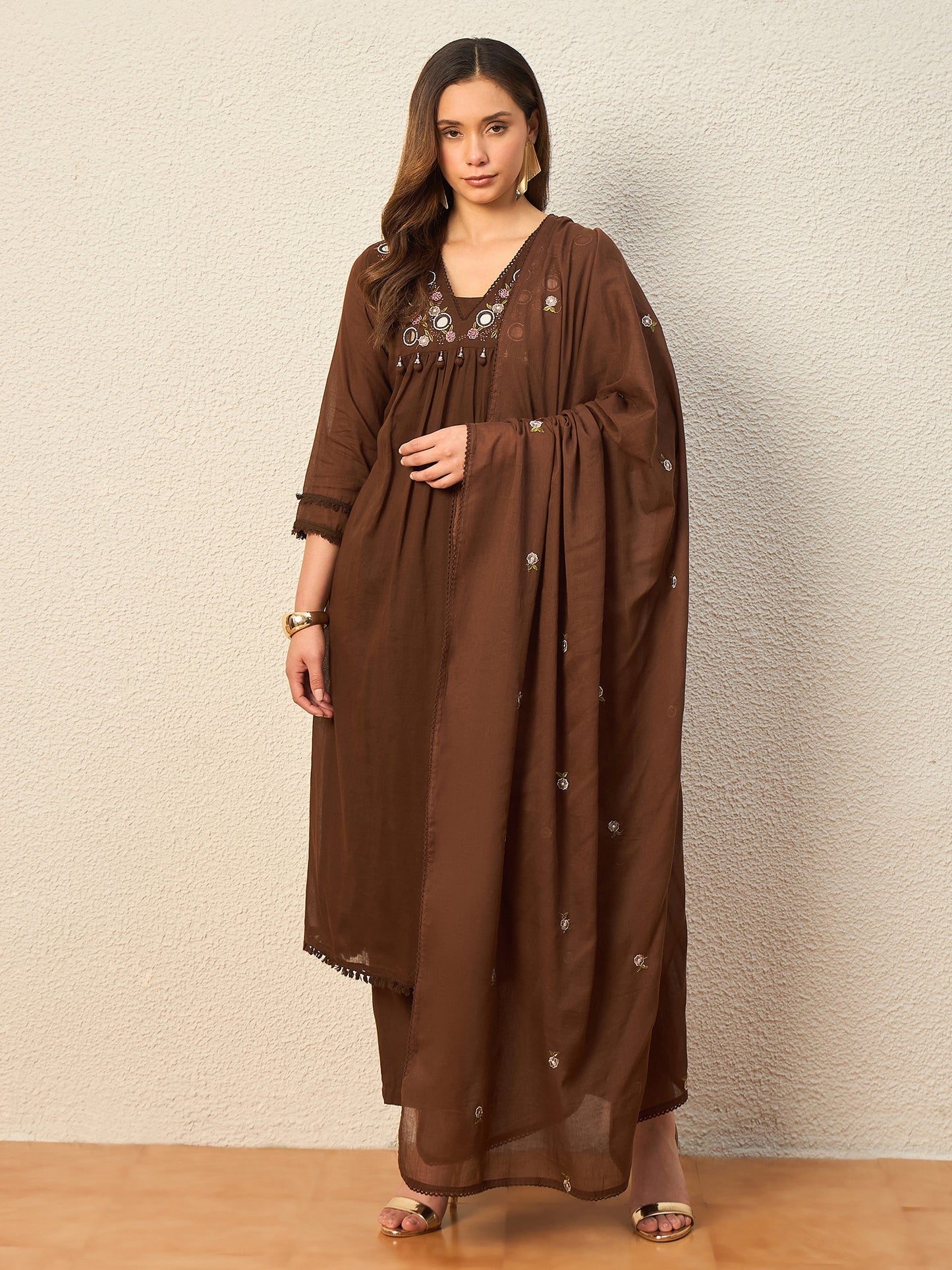 Women Ethnic Motifs Embroidered Empire Mirror Work Kurta with Trousers & With Dupatta