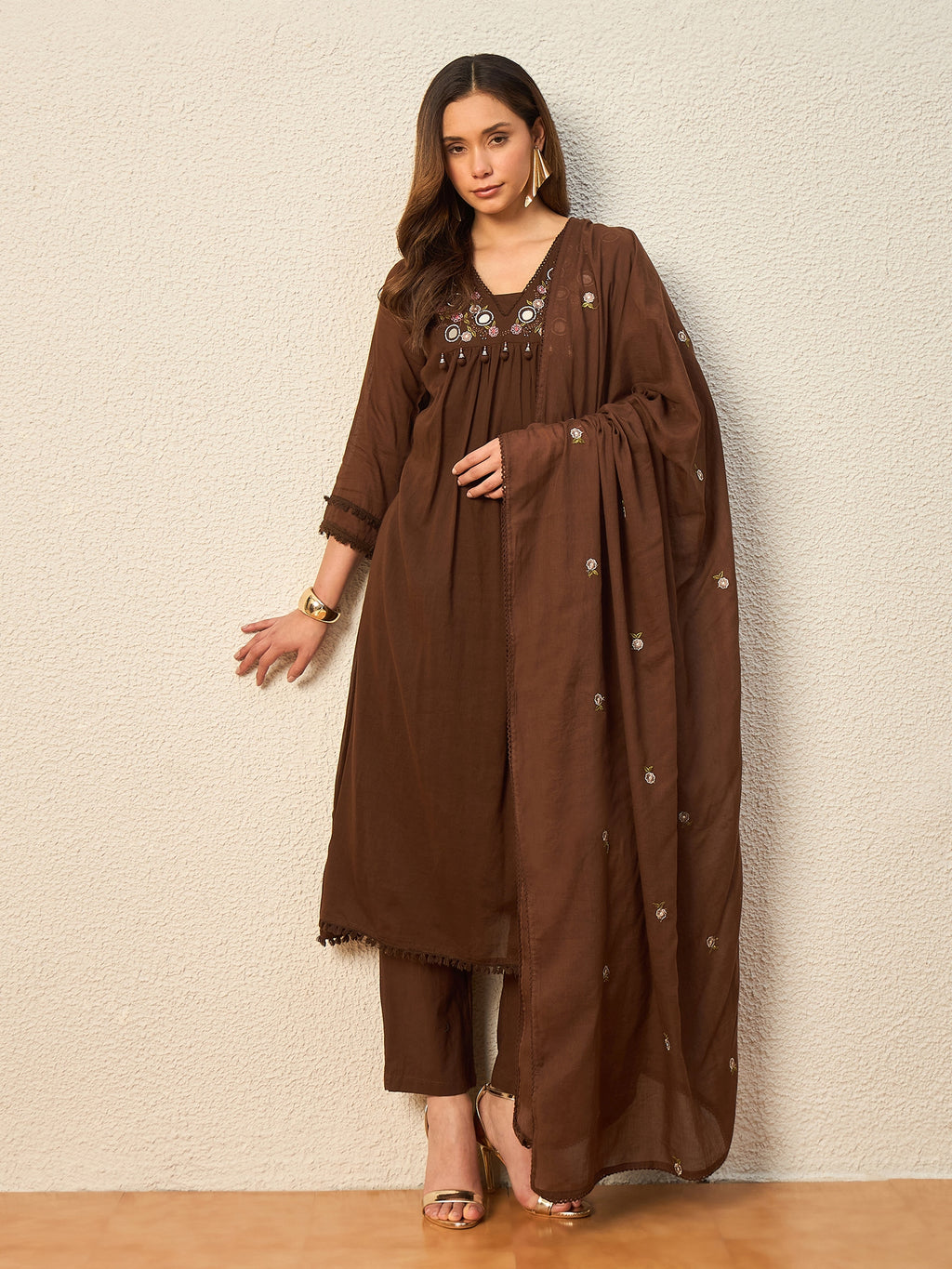 Women Ethnic Motifs Embroidered Empire Mirror Work Kurta with Trousers & With Dupatta