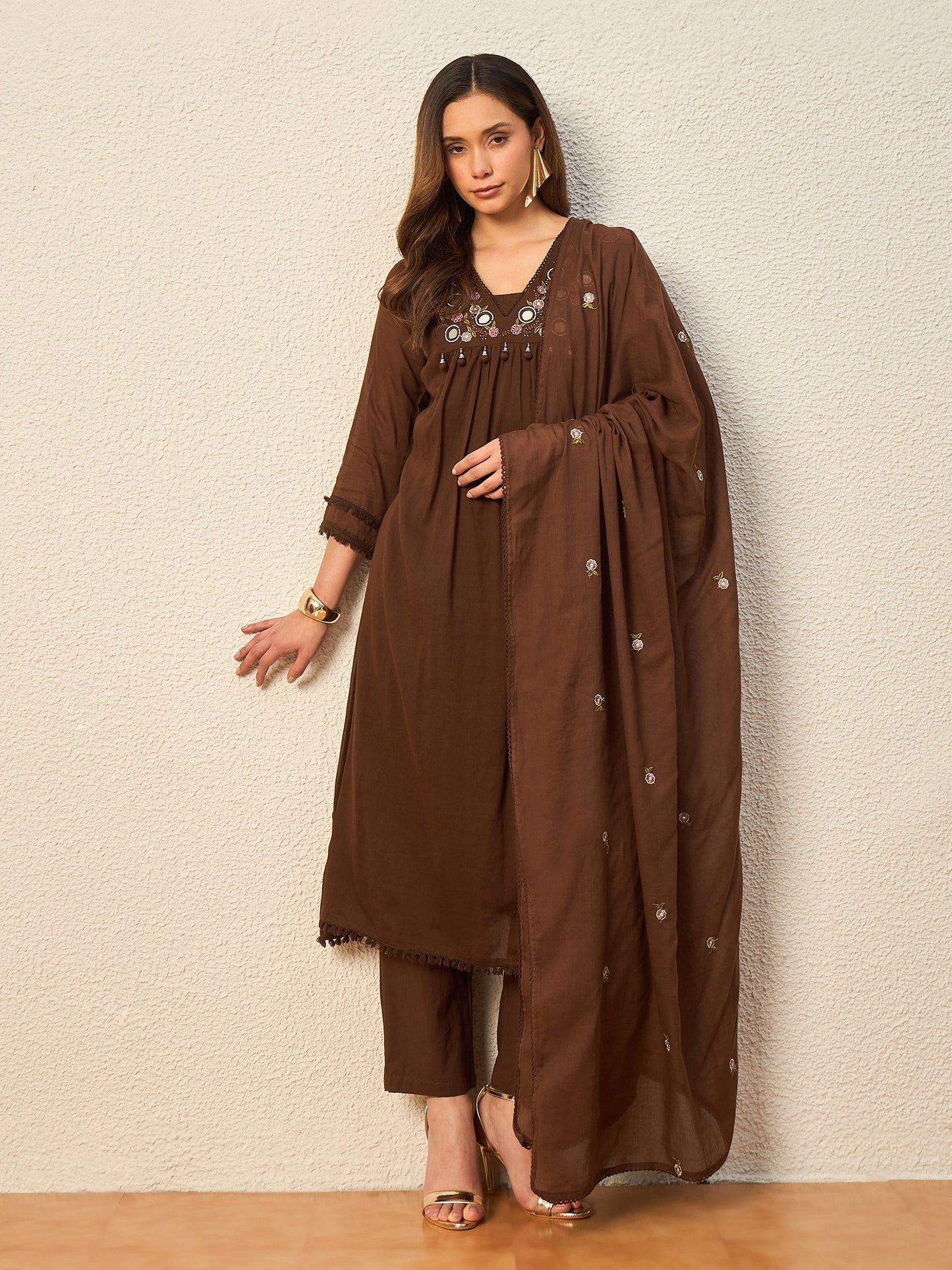 Women Ethnic Motifs Embroidered Empire Mirror Work Kurta with Trousers & With Dupatta