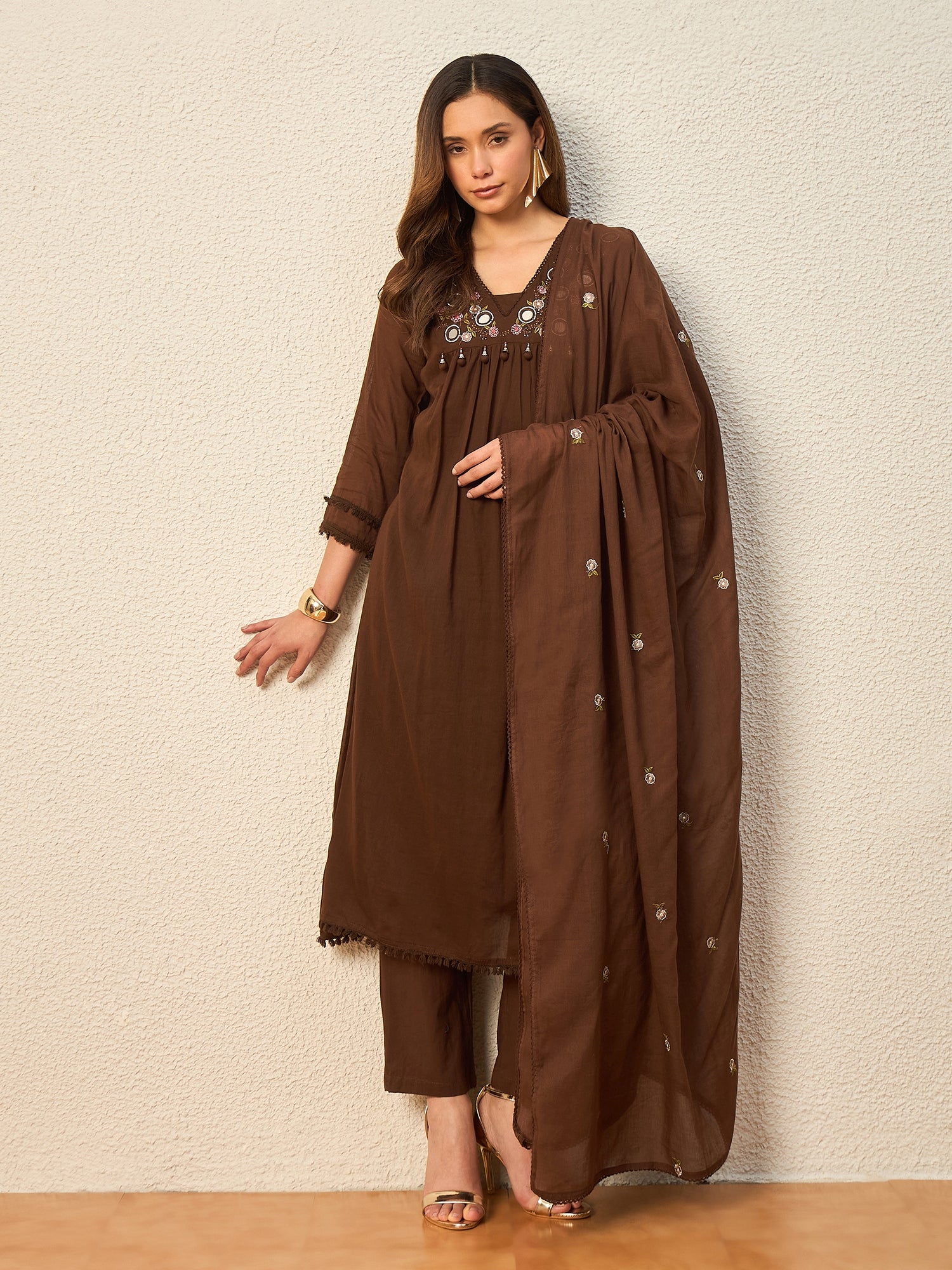 Women Ethnic Motifs Embroidered Empire Mirror Work Kurta with Trousers & With Dupatta