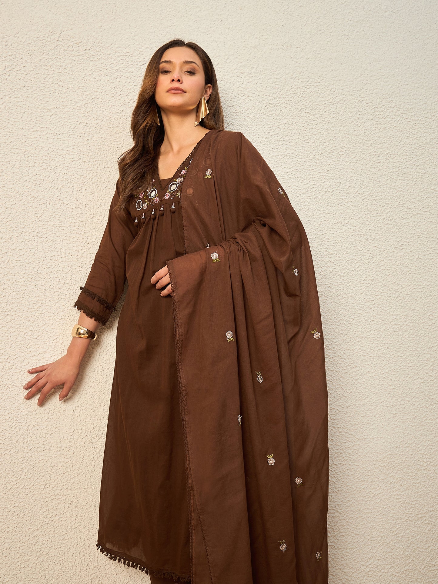 Women Ethnic Motifs Embroidered Empire Mirror Work Kurta with Trousers & With Dupatta