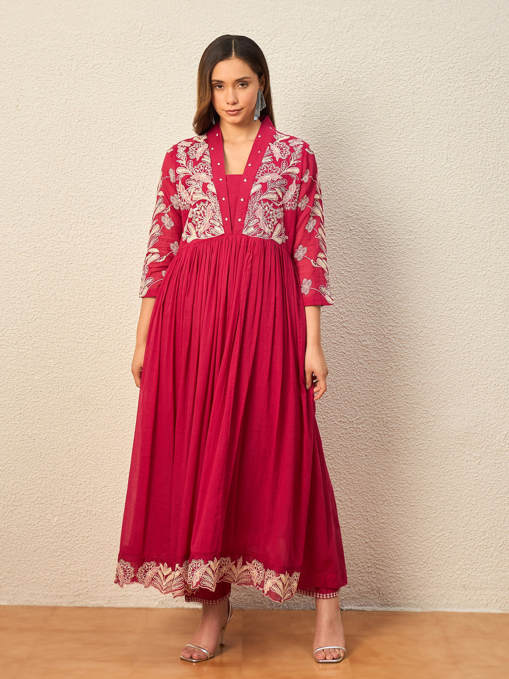 Women Ethnic Motifs Embroidered Panelled Thread Work Kurta with Trousers & With Dupatta