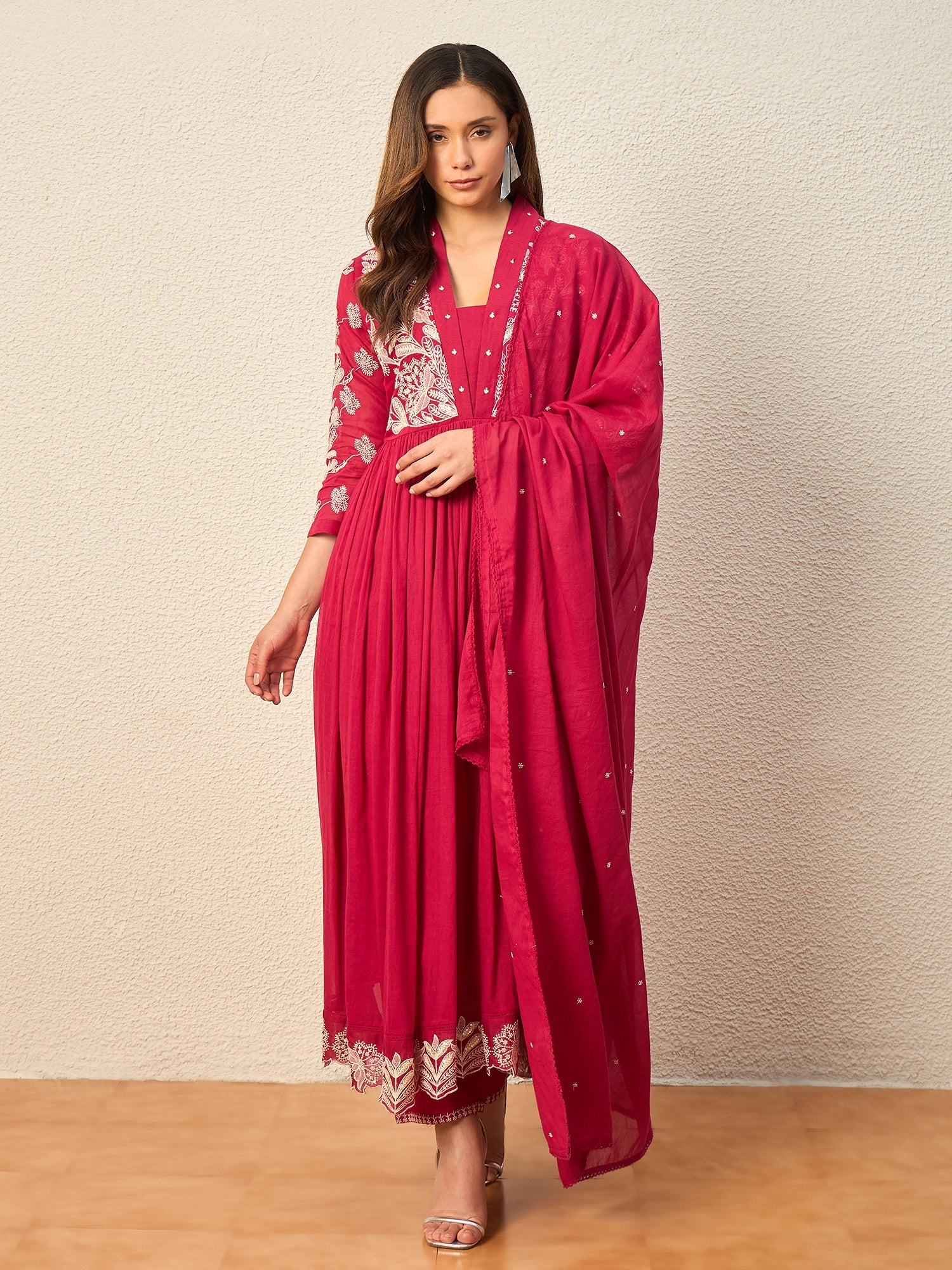 Women Ethnic Motifs Embroidered Panelled Thread Work Kurta with Trousers & With Dupatta