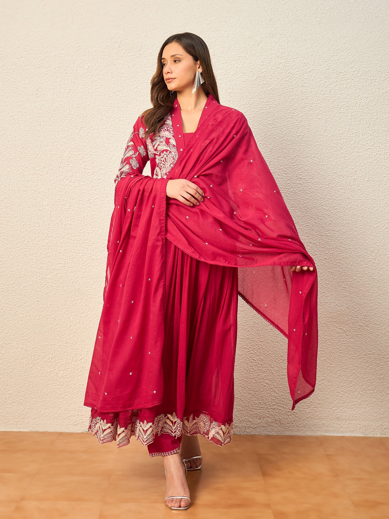Women Ethnic Motifs Embroidered Panelled Thread Work Kurta with Trousers & With Dupatta