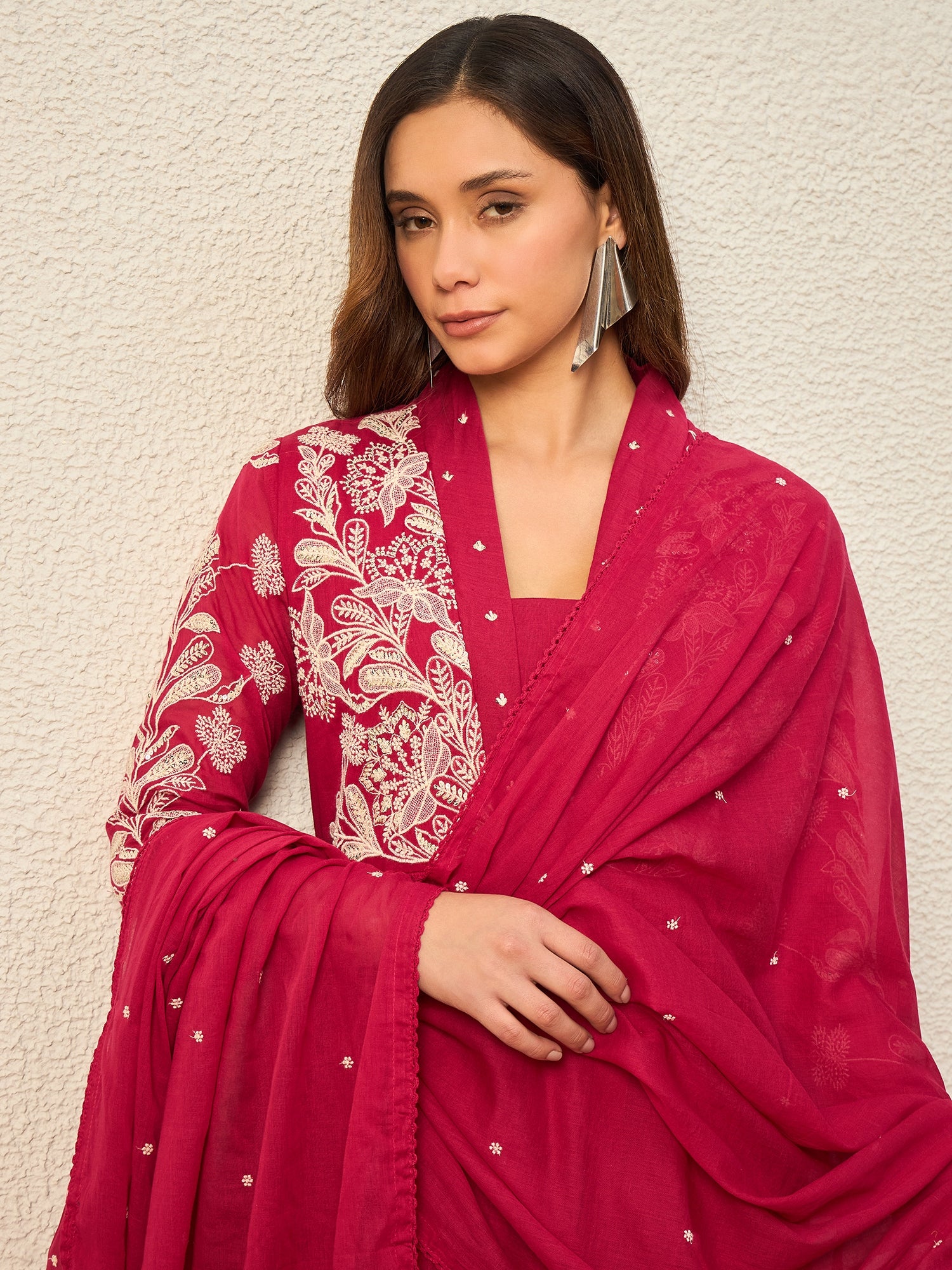 Women Ethnic Motifs Embroidered Panelled Thread Work Kurta with Trousers & With Dupatta