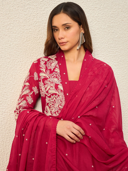 Women Ethnic Motifs Embroidered Panelled Thread Work Kurta with Trousers & With Dupatta