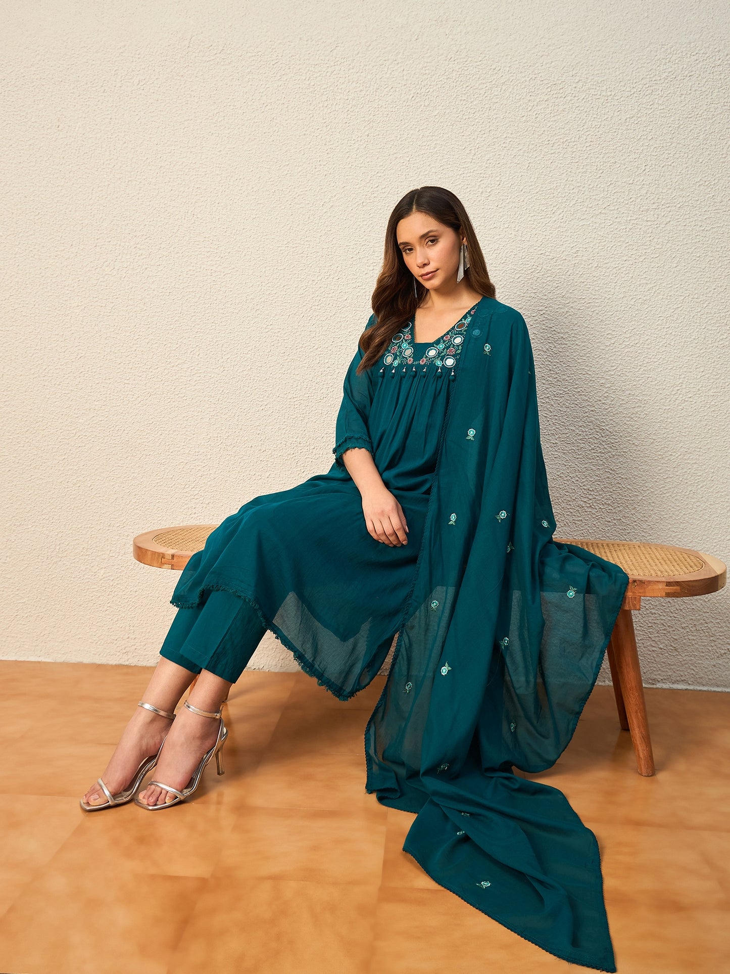 Women Ethnic Motifs Embroidered Regular Mirror Work Kurta with Trousers & With Dupatta