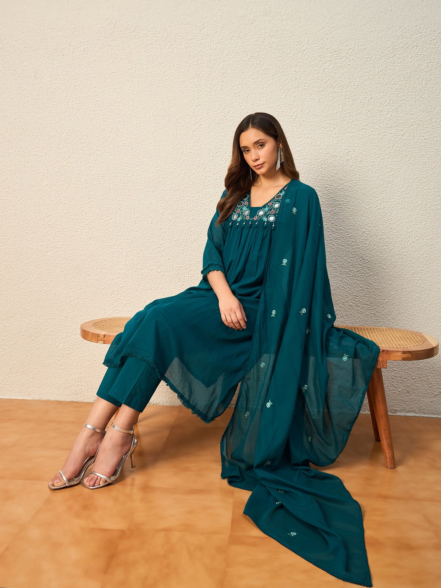 Women Ethnic Motifs Embroidered Regular Mirror Work Kurta with Trousers & With Dupatta