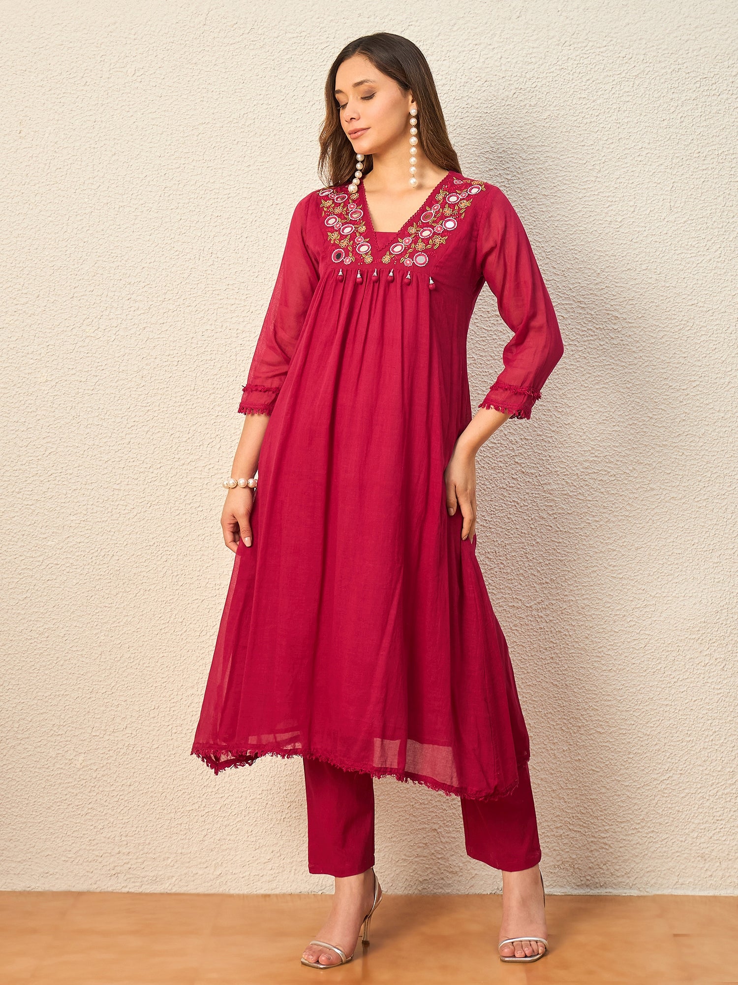 Women Ethnic Motifs Embroidered Empire Mirror Work Kurta with Trousers & With Dupatta
