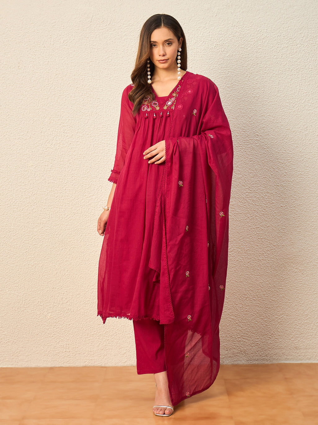 Women Ethnic Motifs Embroidered Empire Mirror Work Kurta with Trousers & With Dupatta