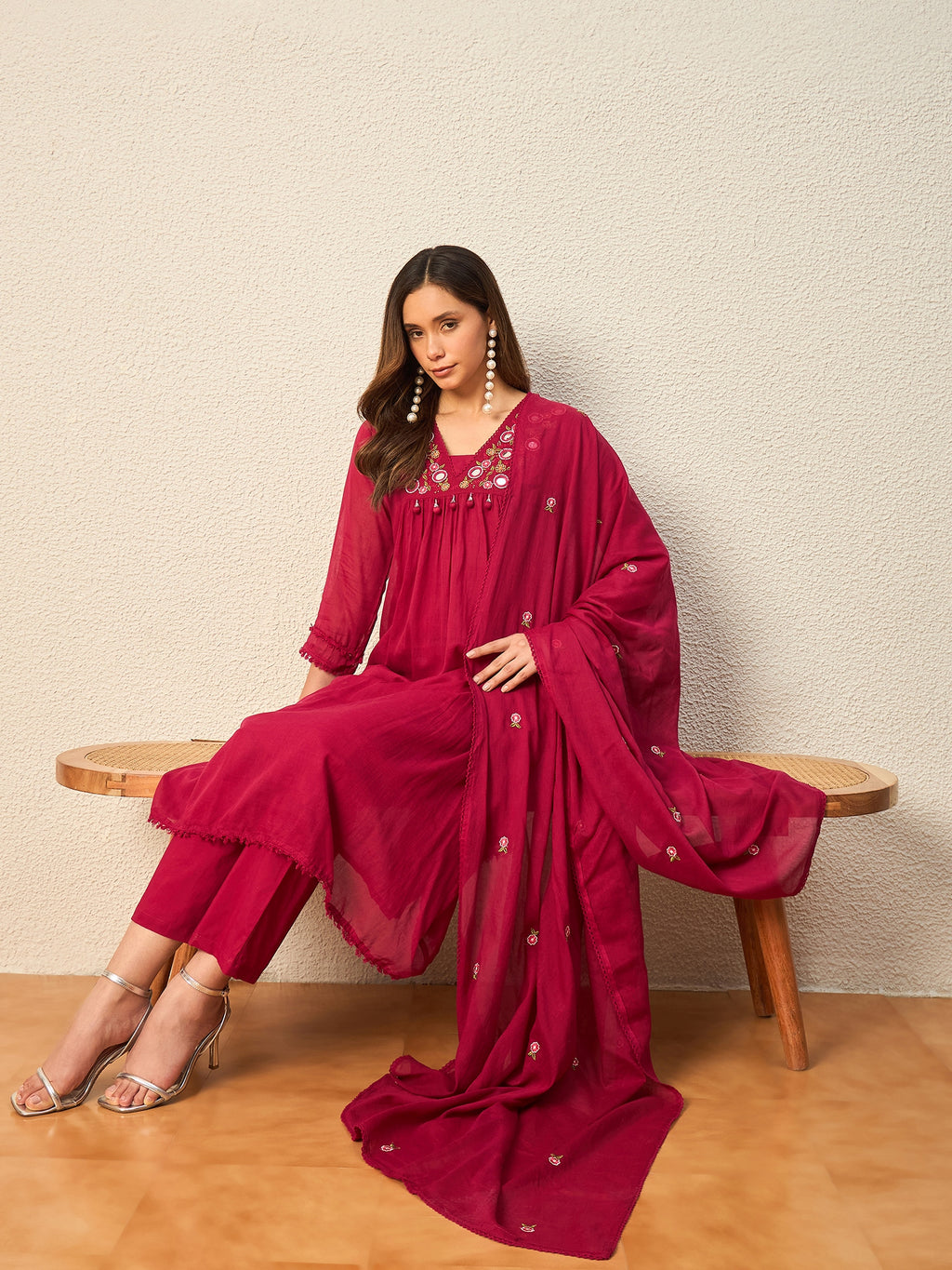 Women Ethnic Motifs Embroidered Empire Mirror Work Kurta with Trousers & With Dupatta