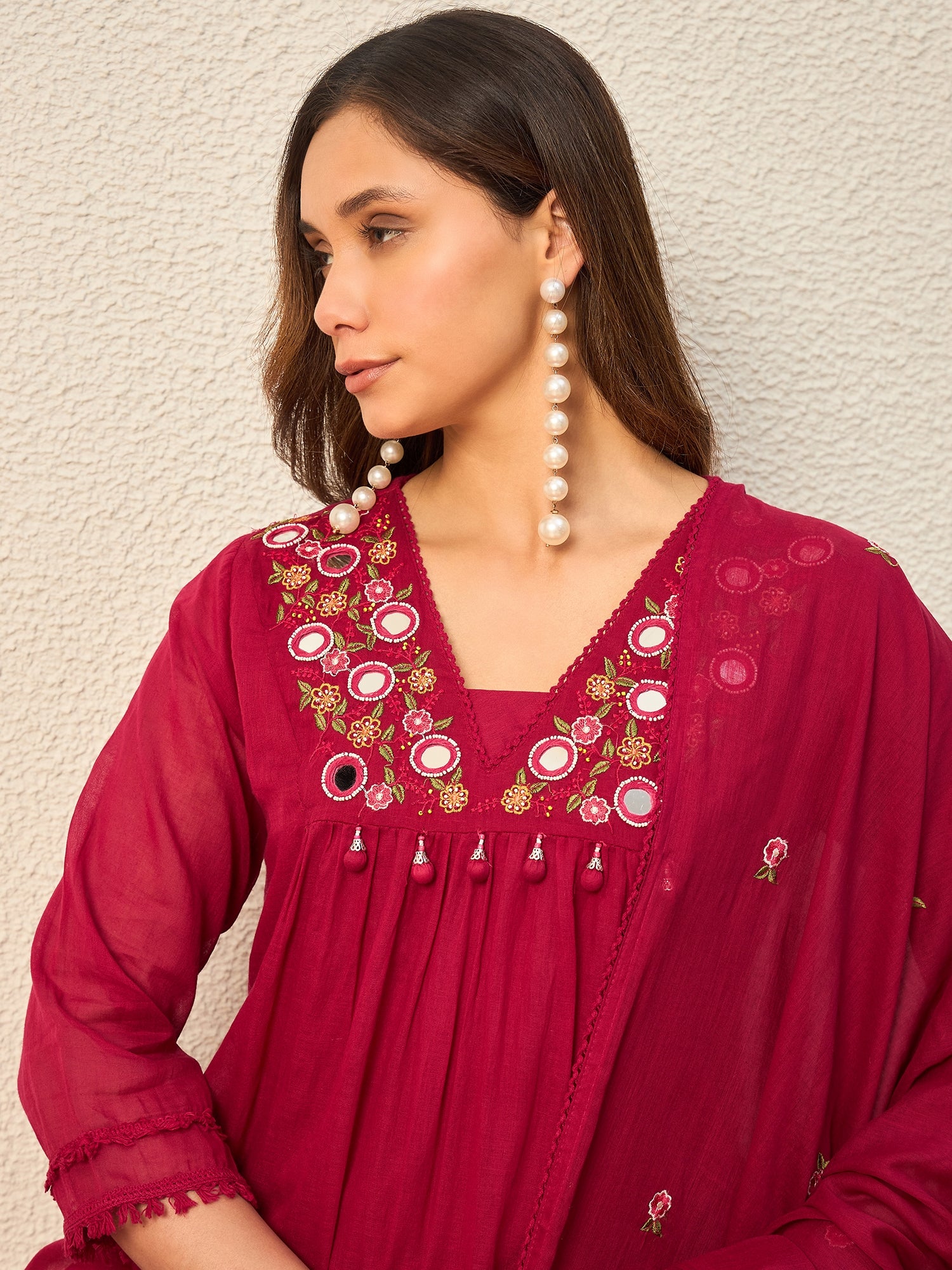 Women Ethnic Motifs Embroidered Empire Mirror Work Kurta with Trousers & With Dupatta