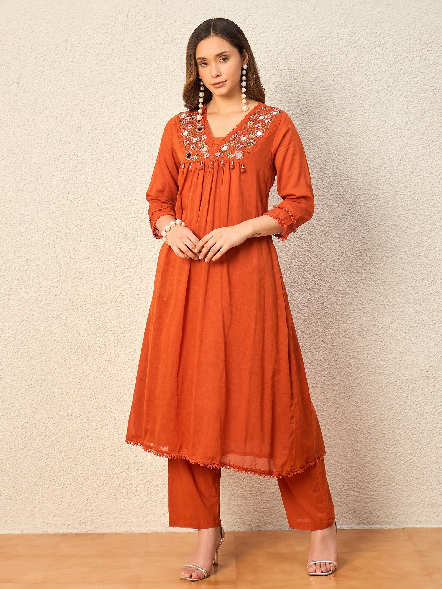 Women Ethnic Motifs Embroidered Panelled Mirror Work Kurta with Trousers & With Dupatta