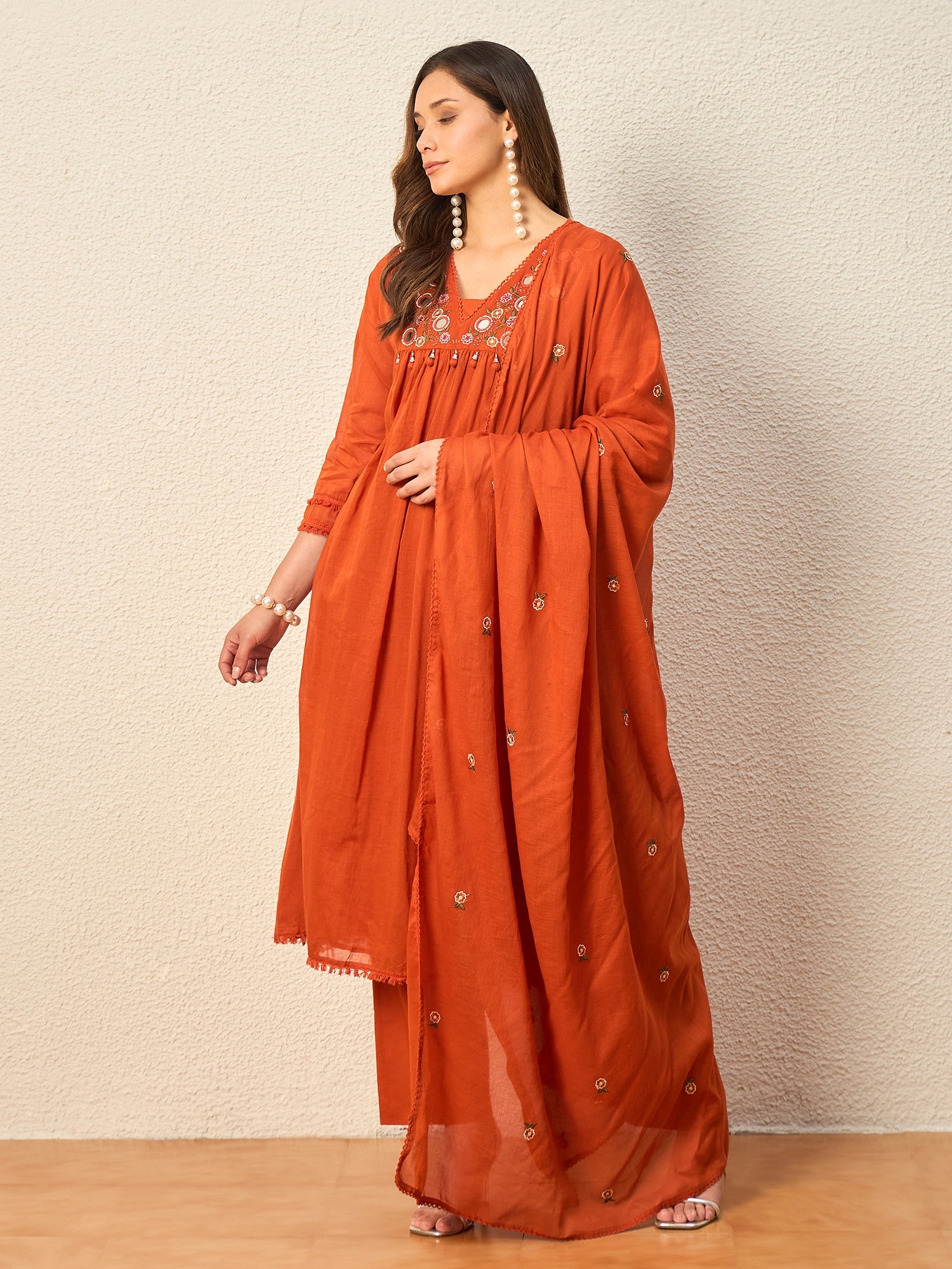 Women Ethnic Motifs Embroidered Panelled Mirror Work Kurta with Trousers & With Dupatta
