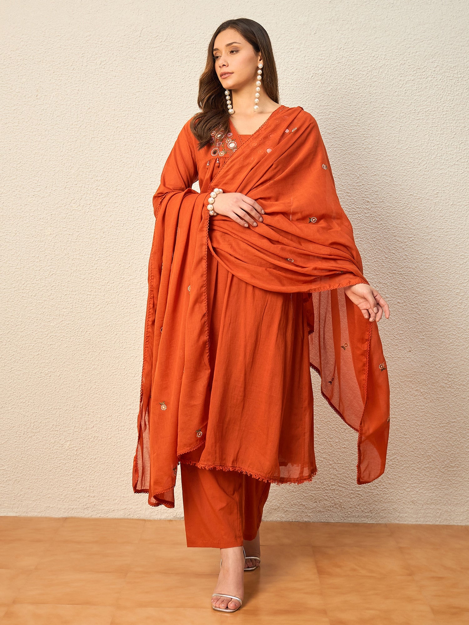 Women Ethnic Motifs Embroidered Panelled Mirror Work Kurta with Trousers & With Dupatta