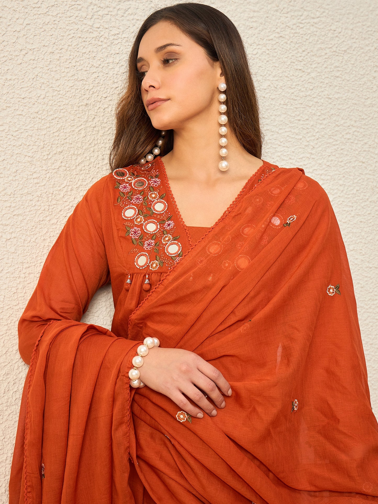 Women Ethnic Motifs Embroidered Panelled Mirror Work Kurta with Trousers & With Dupatta