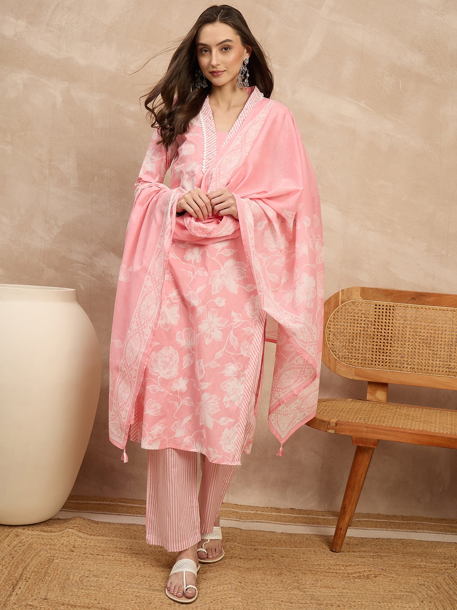 Women Floral Printed Regular Pure Cotton Kurta with Trousers & With Dupatta