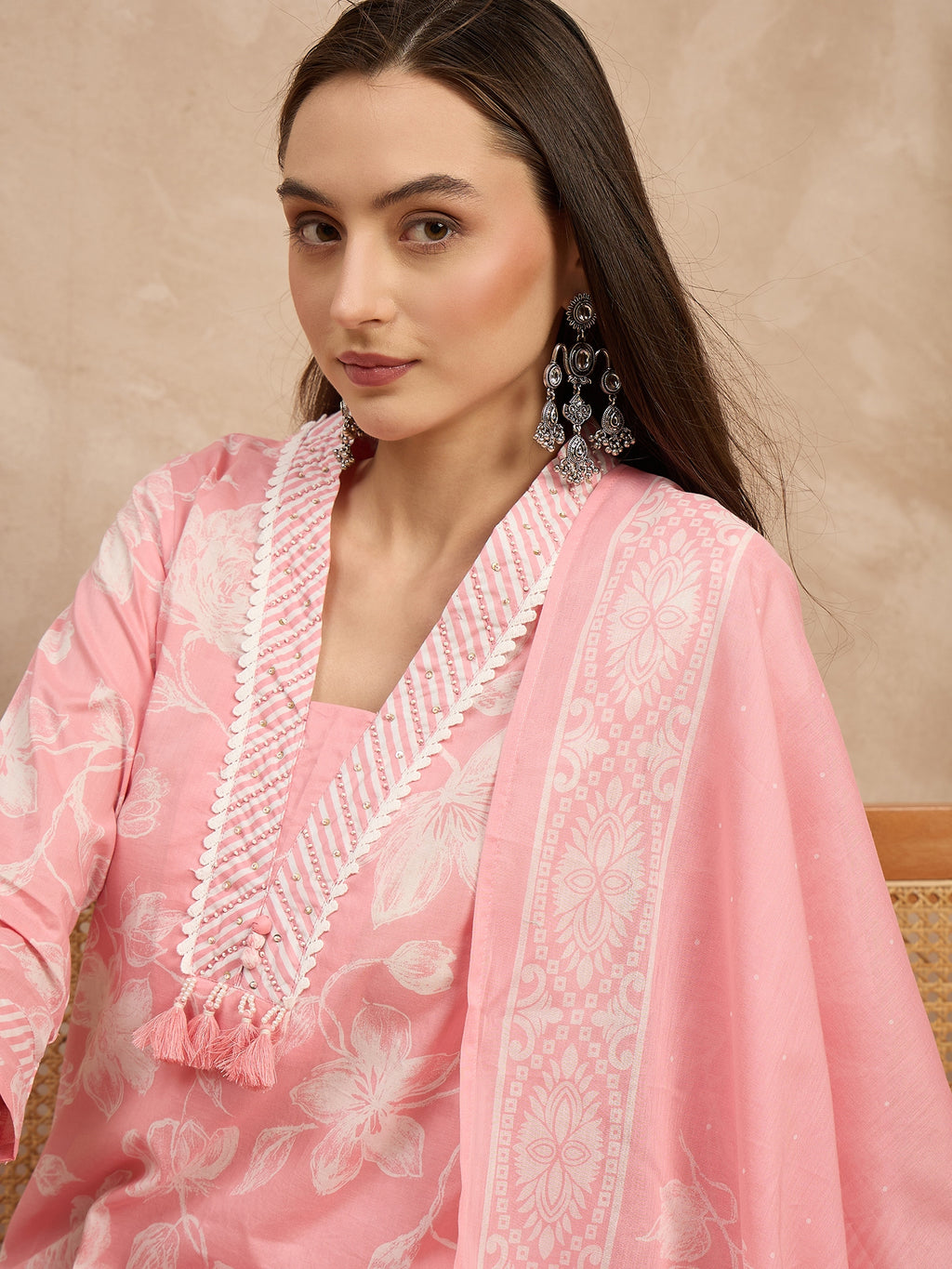 Women Floral Printed Regular Pure Cotton Kurta with Trousers & With Dupatta