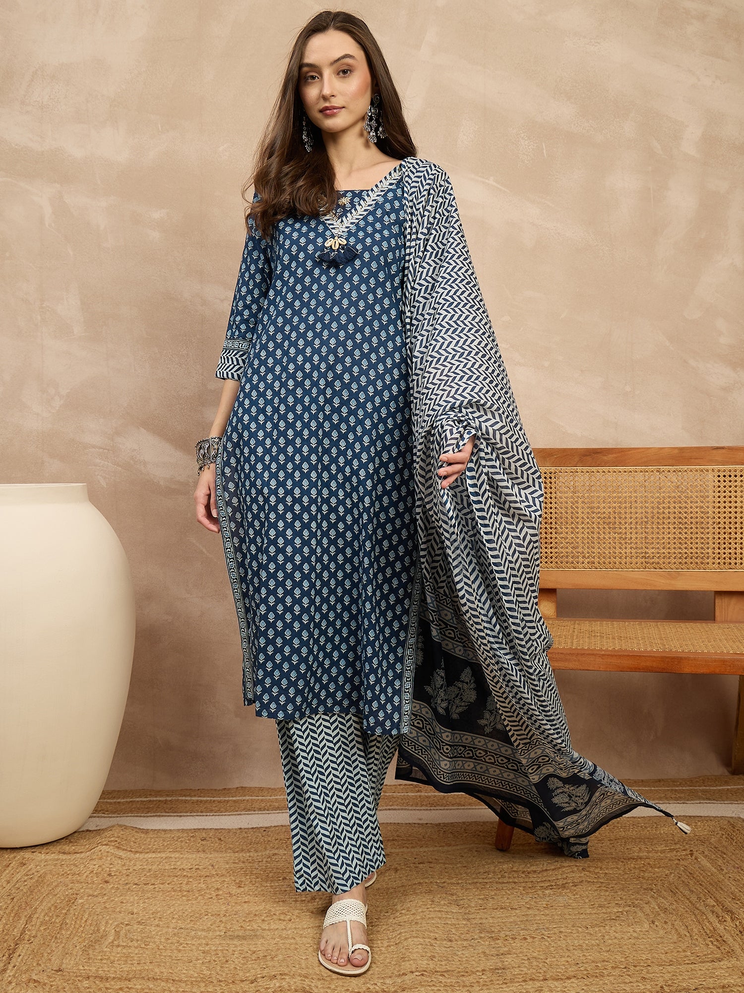 Women Printed Regular Beads and Stones Pure Cotton Kurta with Trousers & With Dupatta