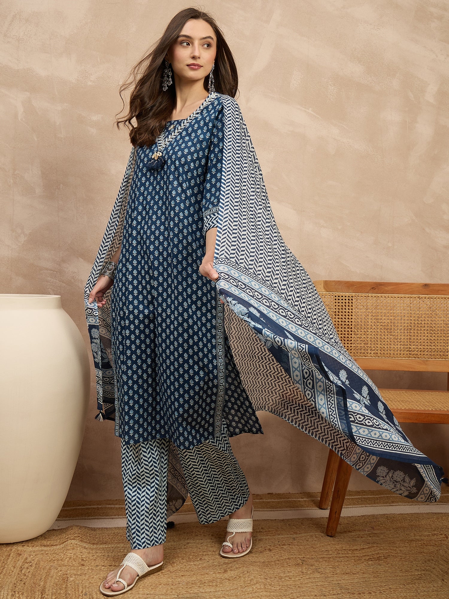 Women Printed Regular Beads and Stones Pure Cotton Kurta with Trousers & With Dupatta